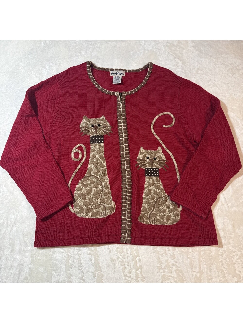 VTG Timberlea Women XL Red Wine Zip Front Cardigan Leopard Print Cat Siamese